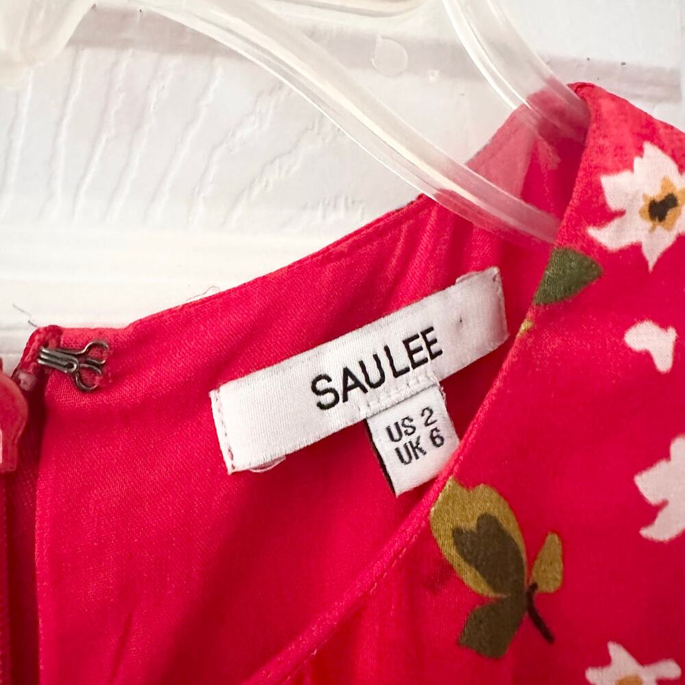 Sau Lee Red Floral Print Ruched Skirt Long Sleeve Fitted Sheath Mini Dress 2 - Picture 4 of 8